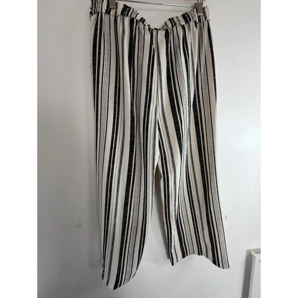 Women’s Black & White Striped Paperbag Tie Waist Wide Leg Pants Size M - Picture 6 of 10